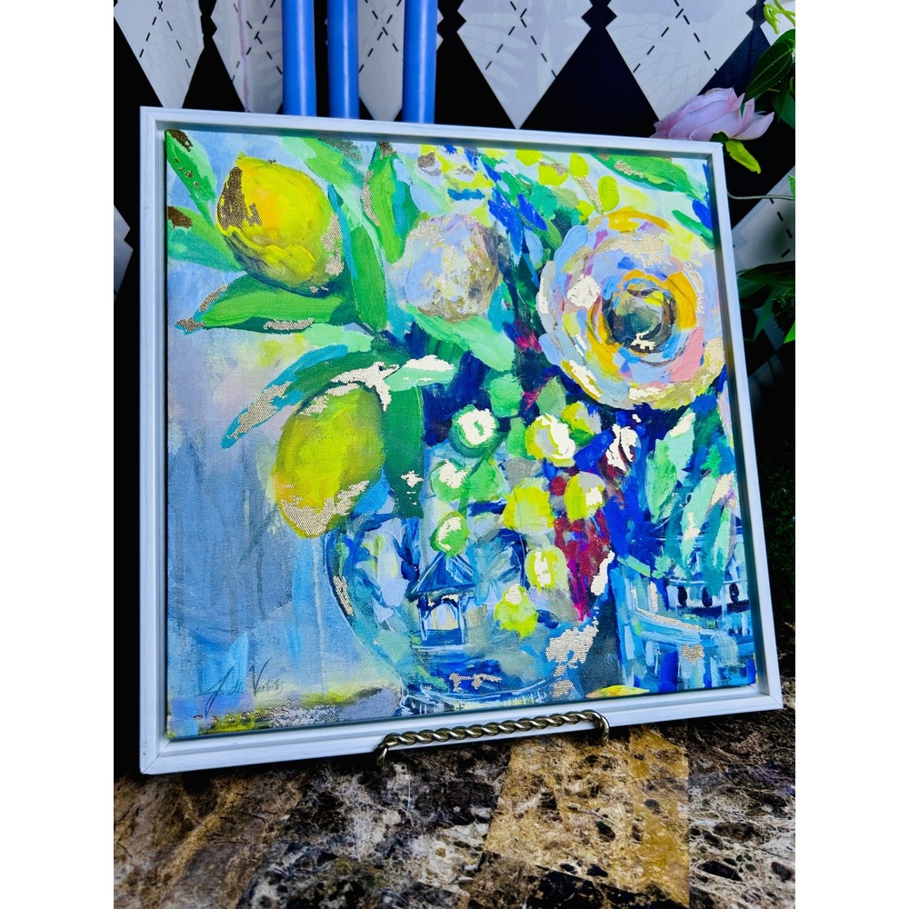 Jeanette Vertentes Floral Canvas Colorful Gold Accent Framed Art 11.5" x 11.5"